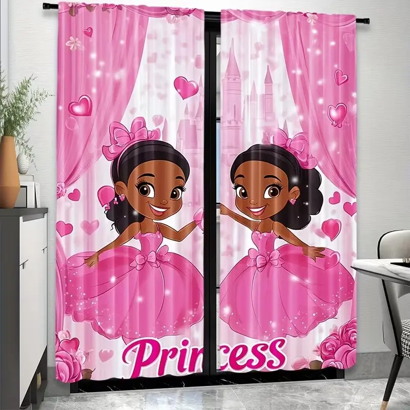 Cartoon African Girl Print Curtains, Room Decor Curtain, Home Decoration Curtain, Home Decorative Curtain, Fashionable Rod Pocket Window Curtains for Bedroom and Living Room, Easy Installation, Interior Decoration Accessories