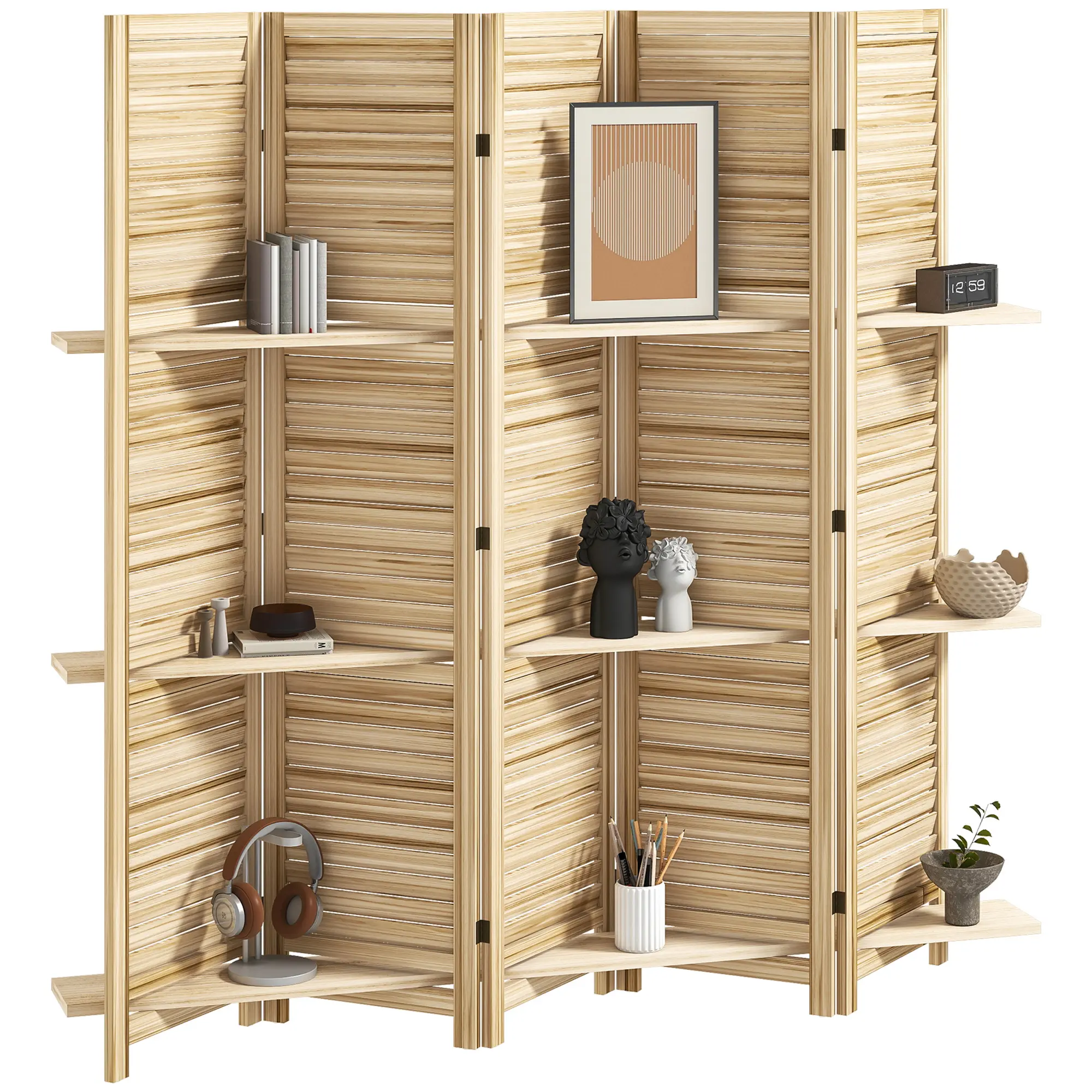 Wood 5-Panel 67" Tall Privacy Room Dividers with 3 Shelves, Folding Storage Dividers for Small Apartments, Hides Clutter Behind Desks, Creates Private Nooks, Dividers Room Dividers, Panel Room Dividers