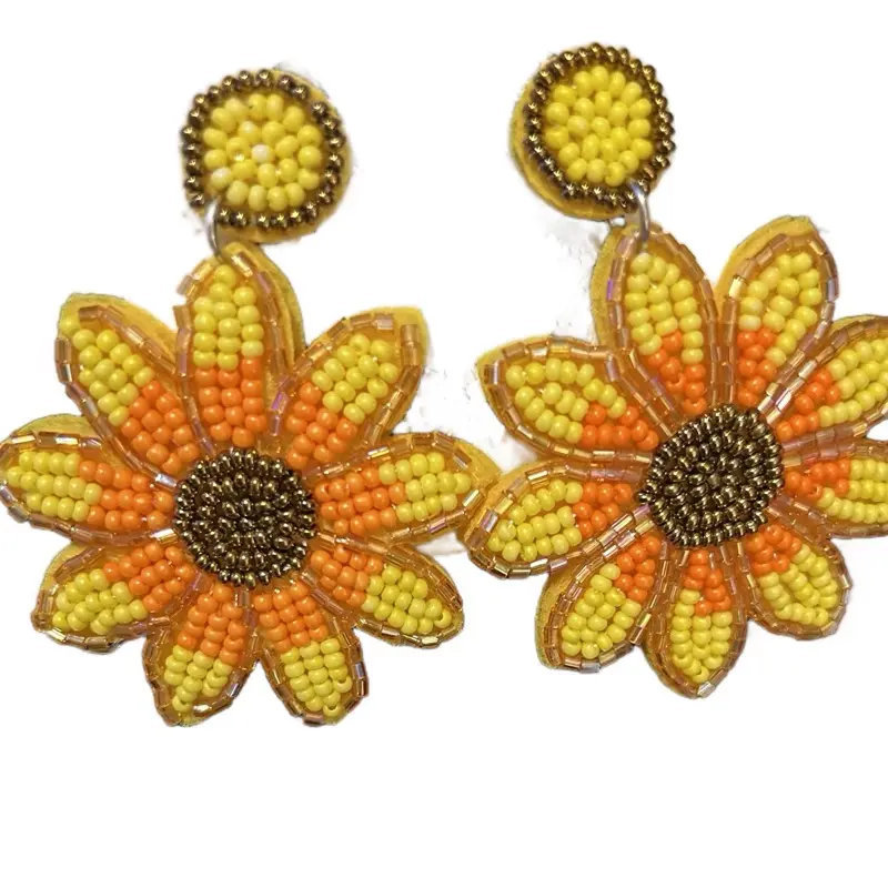 Beaded Sunflowers Earrings - Yellow and Orange Floral Design with Bead Accents