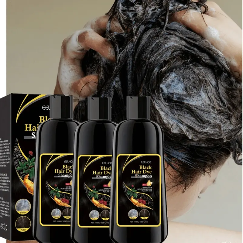 3 bottles of black herbal hair dye shampoo, Coloring Shampoo, Herbal Hair Color, Haircare, natural plant pigments, deeply cleanses the scalp without damage, naturally curls, moisturizes hair, suitable for all hair types, men and women, Covering Grey Hair