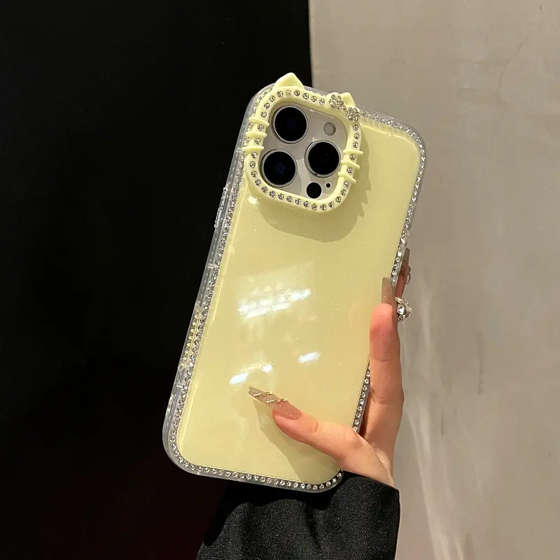 Double-Sided Diamond Cat Ear Protective Phone Case Casing for iPhone 17, 16, 15, 14, 13 and 12 Pro Max/Plus, Glitter Protective Cover, Accessories