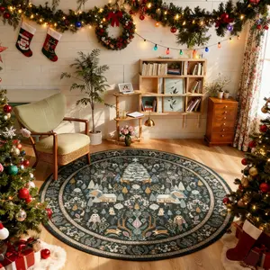 Round Carpet Mat for Living Room Bedroom, Christmas Tree Design, Retro American Farmhouse Style, Pet Friendly Non-Slip, Boho Graphic Rug