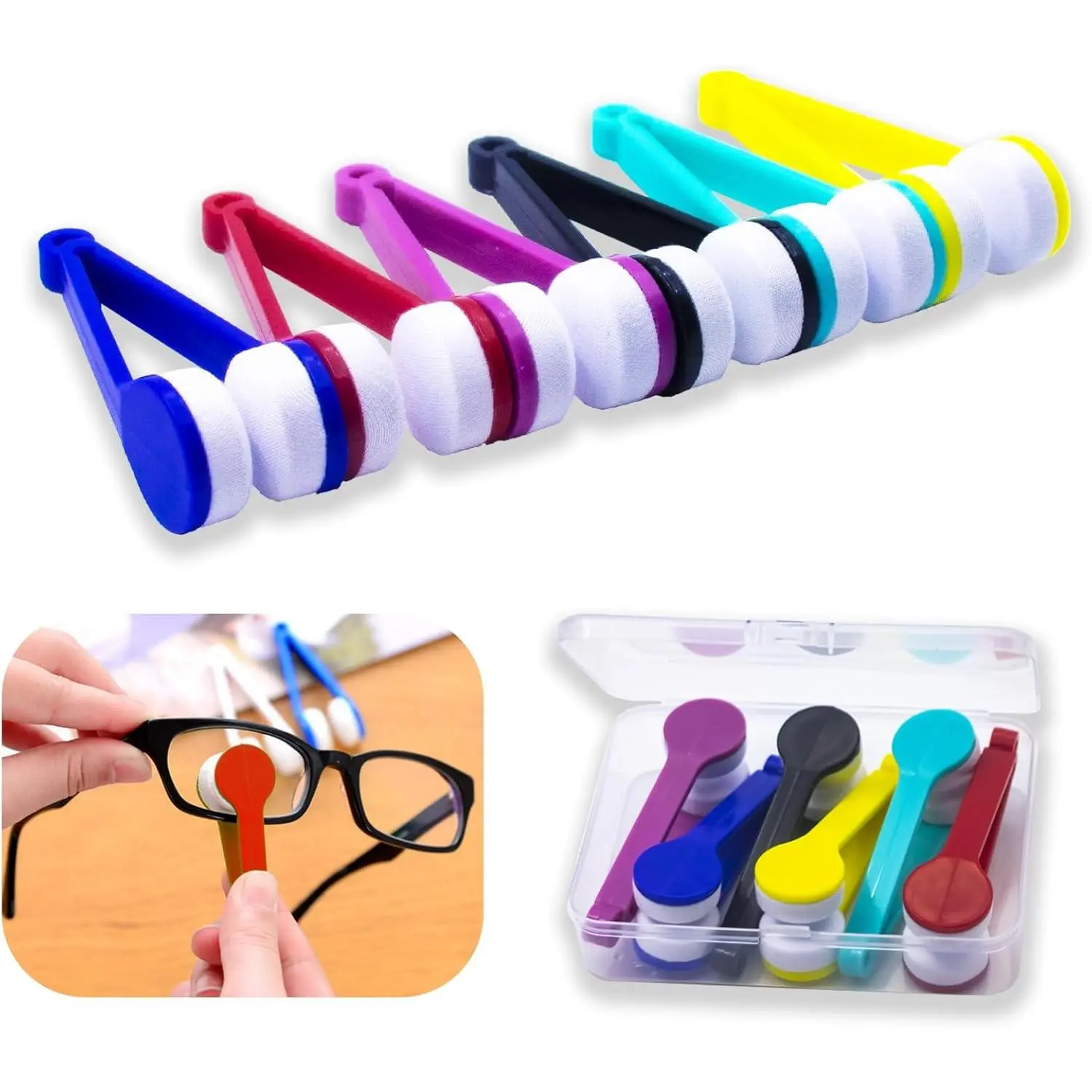 6-Pack Mini Microfiber Eyeglass & Sunglasses Cleaner Tool - Multi-Color, Tweezer Design,  ABS, Portable with Hanging Hole,  for Eyeglasses, Reading Glasses, and Sunglasses.