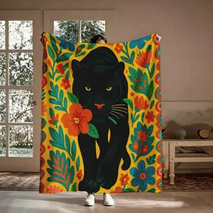 Boho Black Panther Floral Pattern Blanket, 1 Count Soft Warm Flannel Throw Blanket, Cozy Nap Blanket for Home Office Travel
