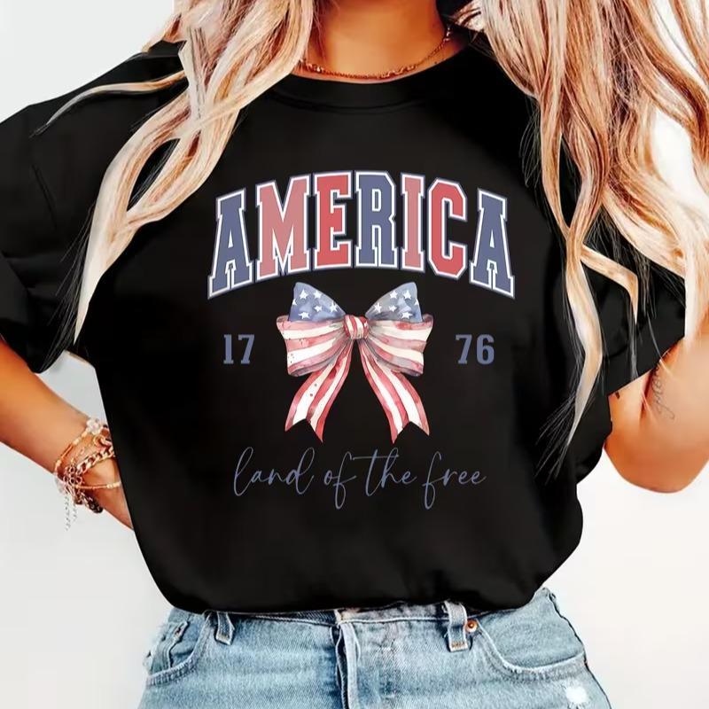 Men's Casual Vintage Cotton Tee Top - 1776 America Flag Bow, Soft Breathable Fabric, Patriotic Quote Graphic, Land Of The Free Memorial Day Apparel, Menswear