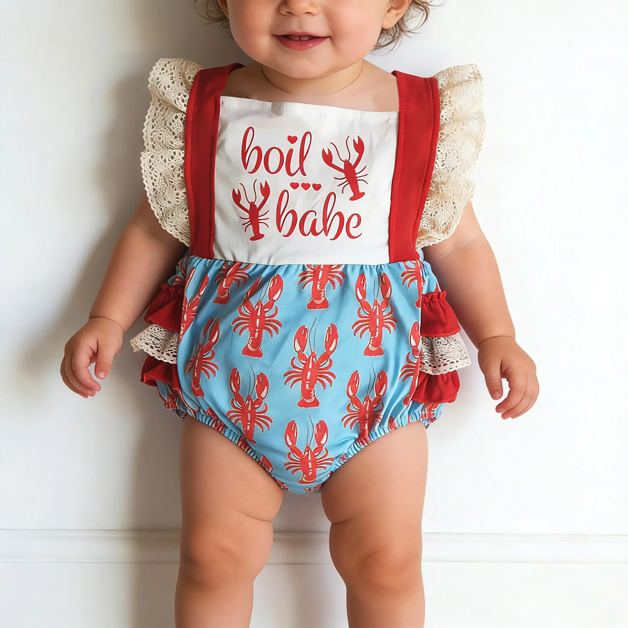 Baby Girls Clothing, Red Crawfish Bubble Ruffle Romper for Infants