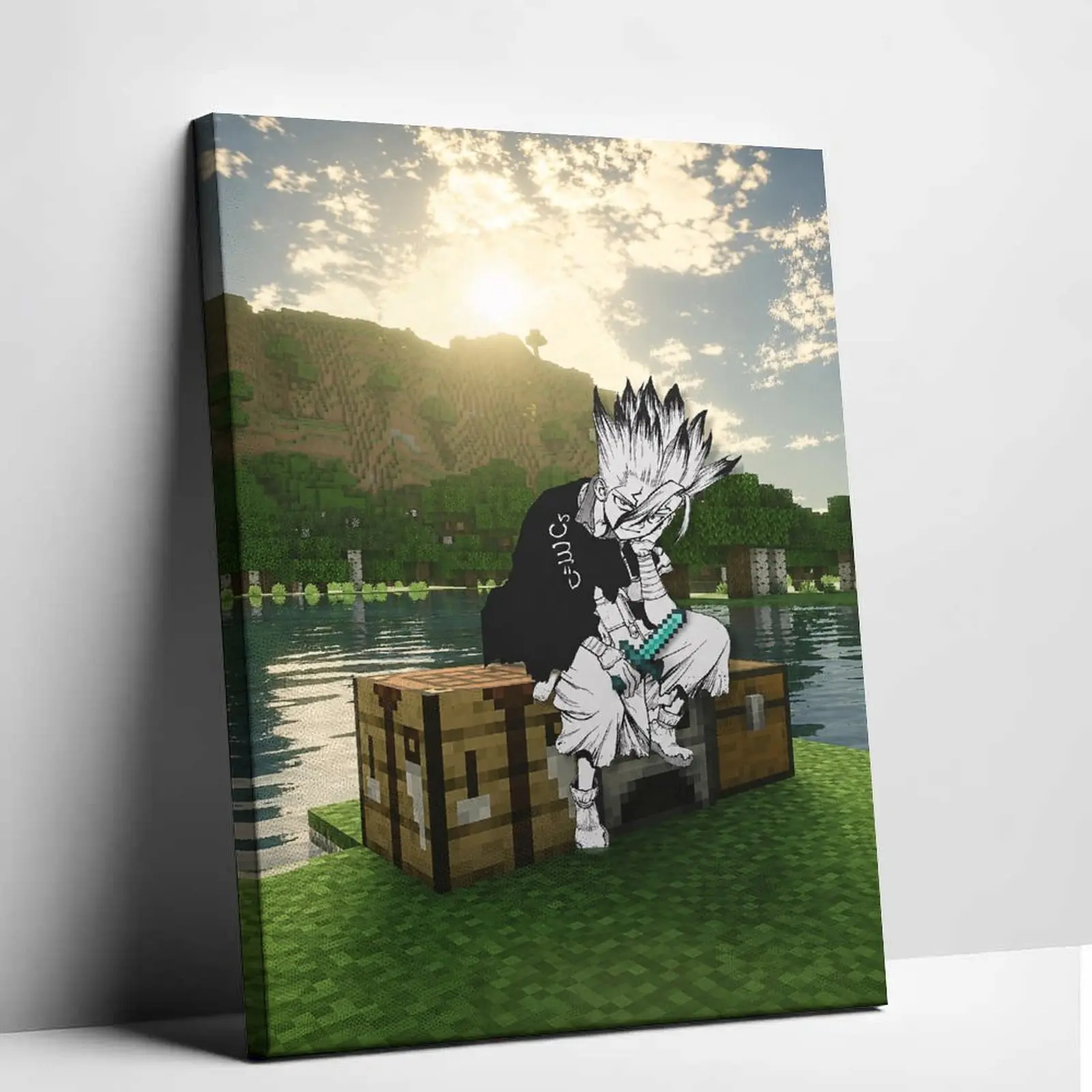 Dr. Stone Senku Canvas Wall Art Minecraft Diamond Sword Poster Print Anime Block Game Canvas Painting Science Genius Graphic Picture Modern Aesthetic Decor for Living Room Bedroom Studio