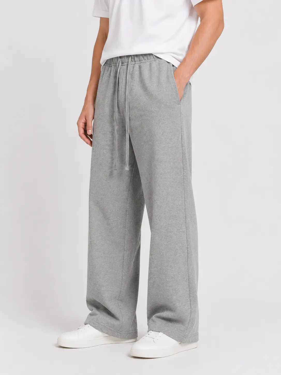 Men's Solid Cotton Fleece Wide-Leg Sweatpants, Loose-Fit Mid-Waist All-Season Lounge Pants with Pockets