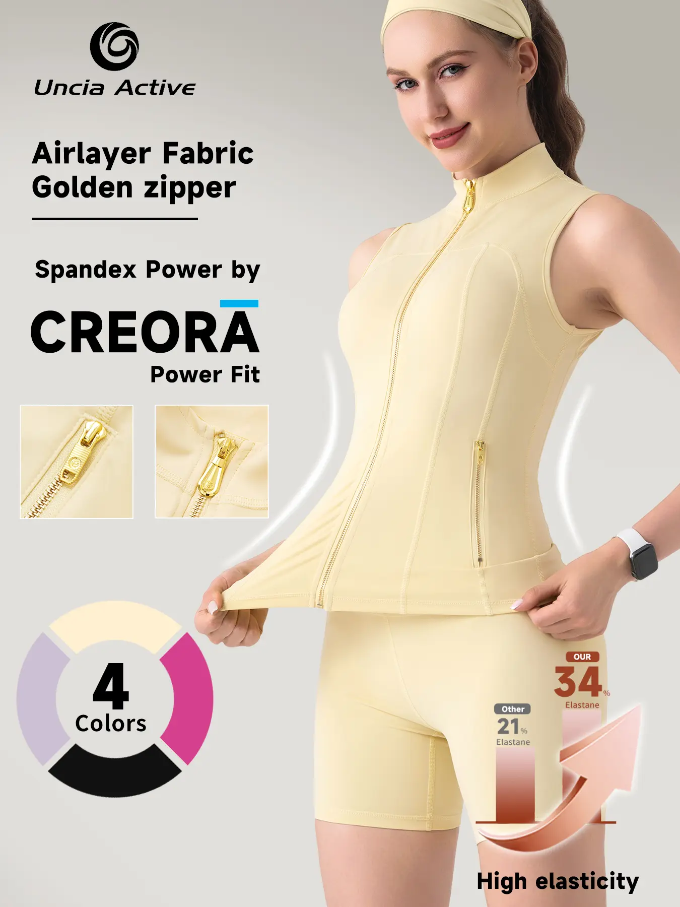 UnciaActive Women's 2-Piece Minimalist Gold-Color Zipper Vest & Tight Above-The-Knee Shorts Set - Airlayer Fabric, High Elasticity Workout Matching Sets for Women, Yoga, Gym Outfits, 2 Piece Sets,travel essentials,camping essentials