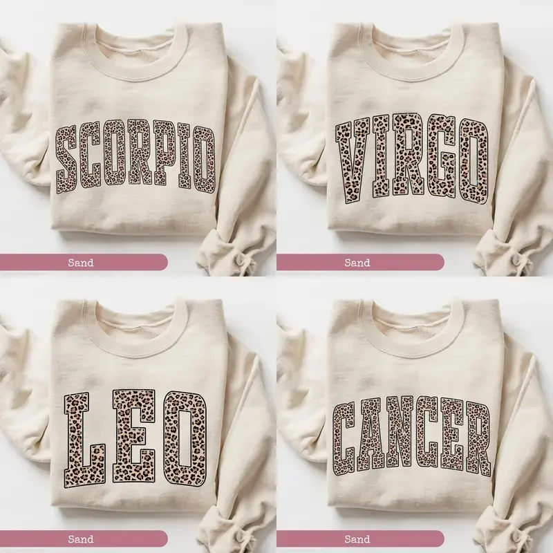 Full 12 Minimalist Zodiac Graphic Sweatshirt – Sand Color, Leopard Print Astrology Sign Pullover, Vintage Horoscope Crewneck for Women & Men