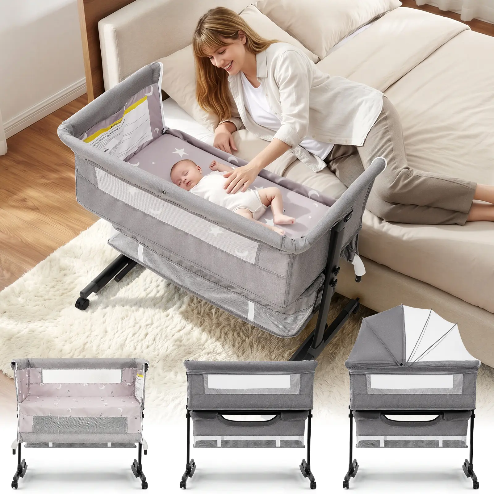 Baby Bassinet, Baby Basinet Bedside Sleeper, Easy to Fold Portable Crib Side Bassinet 2026 new Style Girl/boy bassinets, Height Adjustable (Gray) Convenient Storage,summersale