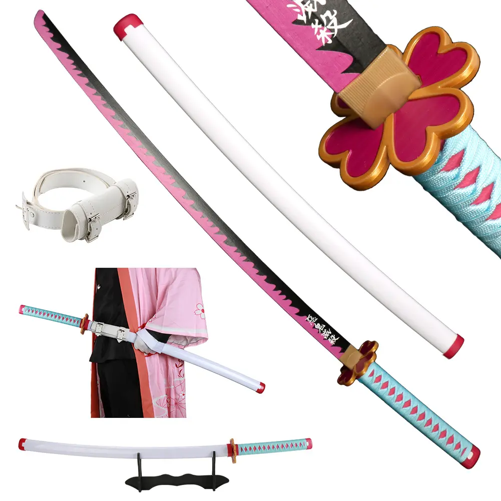 ELERVINO 41 inches Bamboo Wooden Demon Slayer Cosplay Sword Kanroji Mitsuri Prop Swords with White Belt & Holder Stand Display for Halloween Anime Role Playing Props Cosplay Collection Decoration Christmas Gift Birthday Decoration
