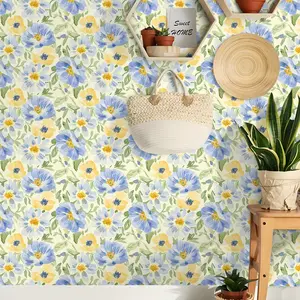 Floral Leaf Self-Adhesive Wallpaper Roll, French Spring Oil Painting Style, Waterproof Peel & Stick Wall Paper for Bedroom Living Room Kitchen Bathroom