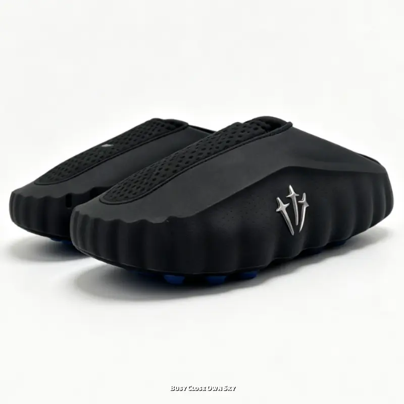 Pure Black Blue Sole Slip-On Mule Sports Slippers | Street Summer Vibe | Breathable Mesh Upper | Cushioned Sole | Non-Slip Wave Outsole | Men & Women Available | Multiple Sizes | Daily Casual | Outdoor Training Footwear