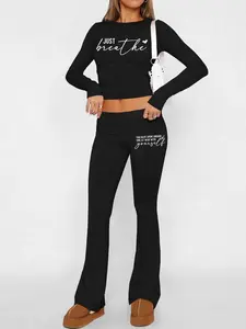 Women's Letter Print Crop Tee & Flare Leg Pants Two-piece Set, Casual Fashion Round Neck Long Sleeve Top & Bell Bottom Trousers for Daily Outdoor Wear, Women's Clothing for Fall & Winter