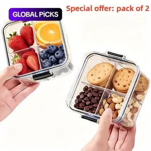 2-piece plastic square food storage containers, Meal Prep Containers with lids - 4-compartment airtight jars, rounded corner design, stackable for kitchen, fruits, spices & dry goods storage - sturdy base, transparent material, leak-proof seal