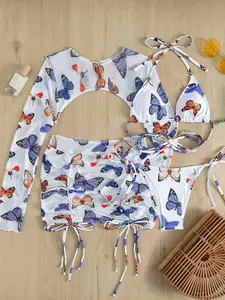 Women's 2024 Summer Swimsuit Set, Charming Butterfly Motif, Casual Halter Bikini Top Triangle Bra & Tie Side Panty & Long Sleeve Crop Tee & Drawstring Skirt Bikini Set, Summer Clothes Women, Bikinis Sets