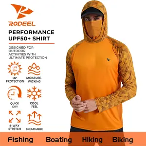 RODEEL 915 Sun Hoodie Shirts w/ Mask Neck Gaiter Men UPF 50+ UV Protection Long Sleeve Lightweight Quick Dry Moisture Wicking Breathable Cooling Athletic Activewear for Outdoor Sport Fishing Boating Hiking Cycling Construction Roofing Farming Tree Service