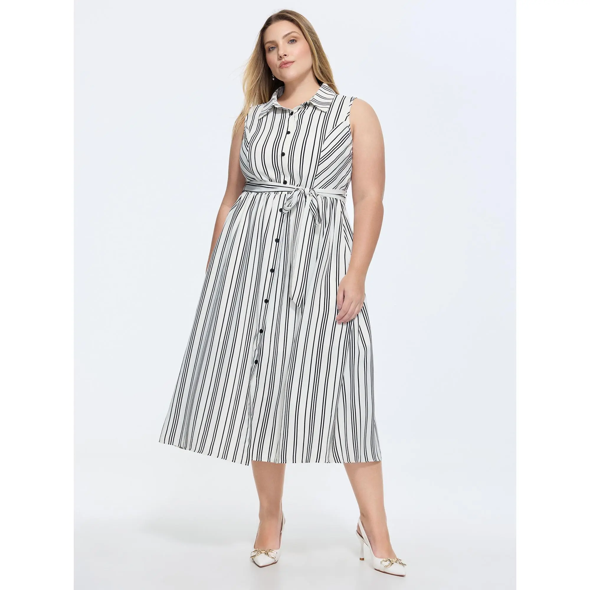 BloomChic Women's Plus Size Striped Midi Shirt Dress, Sleeveless Belted Button-Front Polyester Dress for Casual or Office Wear with Side Pockets, Women's Clothes, Garment, Smooth, Fabric, Low Iron