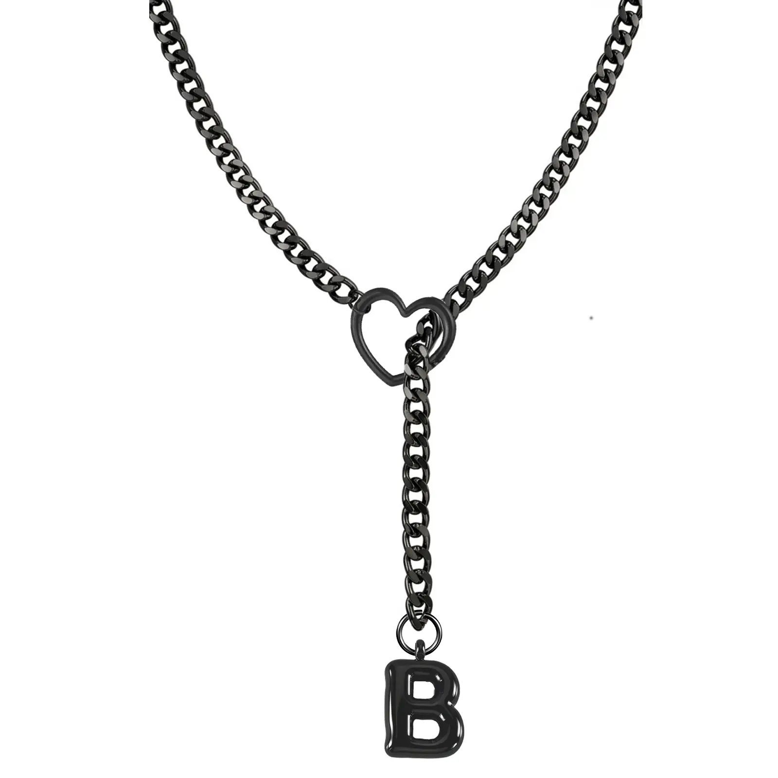 Black Heart Slip Chain Initial Necklaces for Women, Stainless Steel Choker Necklace, Gothic O-Ring Adjustable Lariat Y Necklaces, Punk Cuban Collar Choker Necklace, Halloween Jewelry Gift