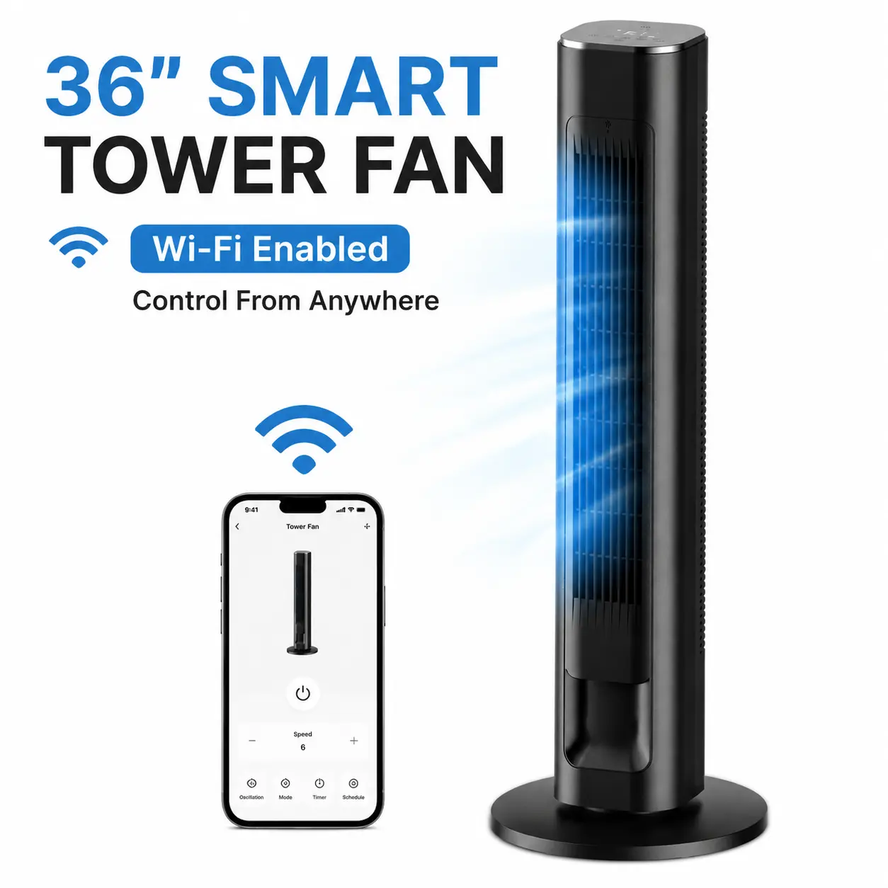 [Limited Stock] 36 in Modern Tower Fan with Multi-Mode Remote, Auto Mode, 25dB Sleep Quiet, 4 Speeds, 90° Wide Oscillation, 2.4GHz WiFi, App & Voice Control, 12h Timer, Energy Saver, Fan for Bedroom & Living Room