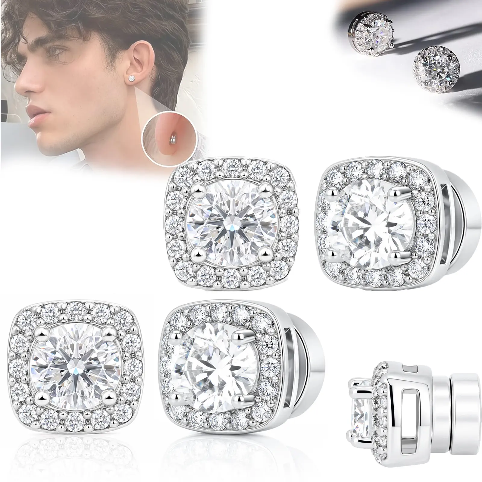1/2 Pairs Silver Moissanite Studs,Non-Piercing Magnetic Earrings for Men,Round & Square Design,Fashion Classic Ear Decor,Gift for Boyfriend
