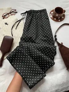 Women's Long Pants, Elastic Waist Pocket Wide Leg, Comfortable Versatile Polka Dot, Casual H-Type Mid Waist, Loose-Fitting