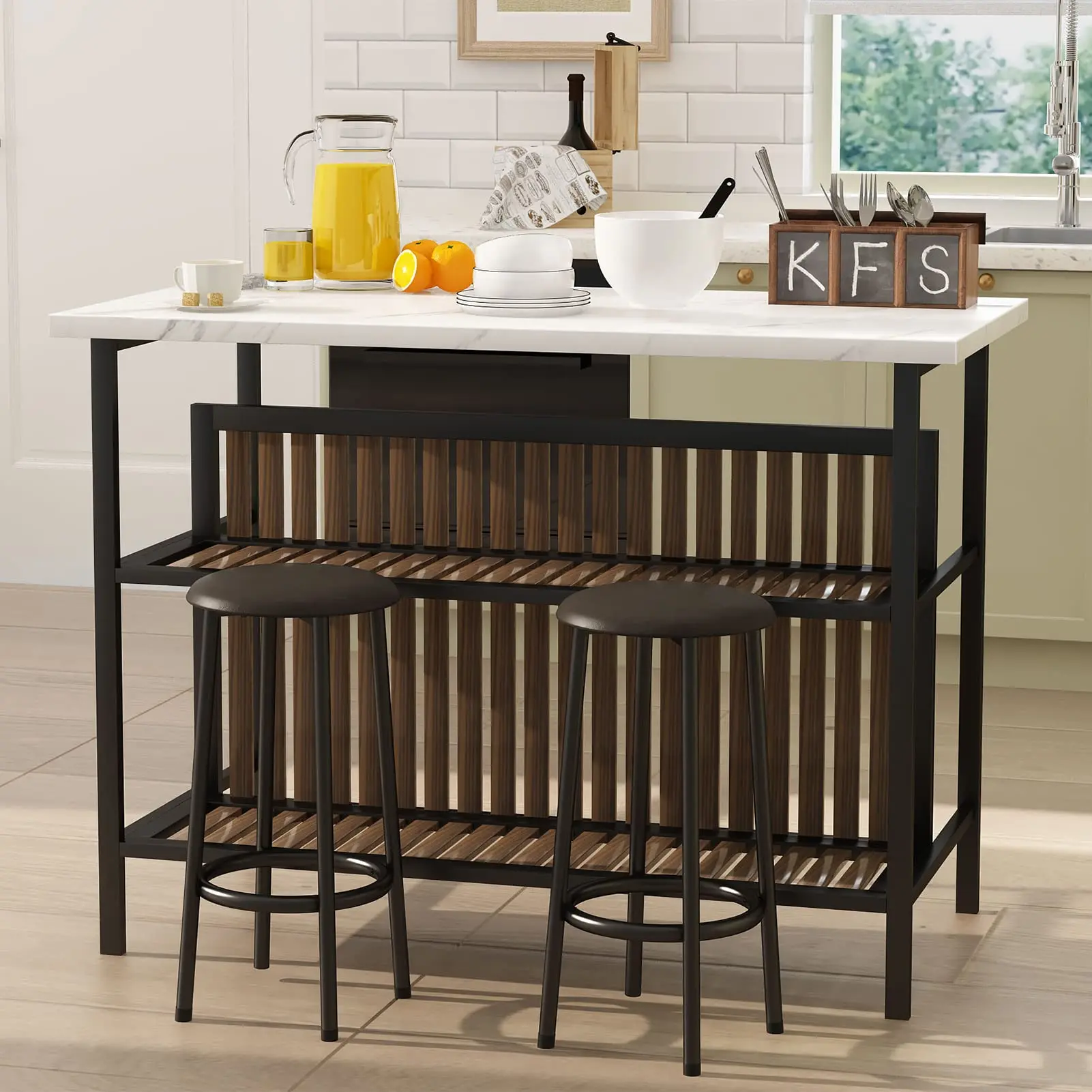 Recaceik 47.2" Kitchen Island with Seating & 2 Barstools Industrial Counter Height Table with Storage Wooden Dining Set for Home Modern Interior summervibes Apartment Furniture