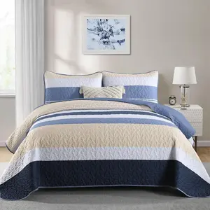 Blue Boho Set Queen Size, Fall Striped Bedspread Lightweight Farmhouse Bedding Sets 3 Pieces Micofiber Patchwork Coverlet with 2 Pillowcases for Men Bed