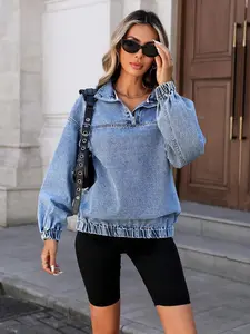 Loose And Casual Denim Jacket For Women, With Dropped Shoulder Design And A Half Zipper. Pullover Denim Sweatshirt, Suitable For Spring And Autumn.