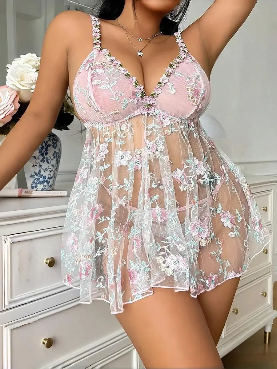 Women's Plus Size 2-Piece Lingerie Set - Sheer Mesh Revel Nightie with Feminine Multicolor Floral Lace Embroidery, Flirty Ruffle Hem, Lightweight Nightwear for Anniversary, Valentine's Day