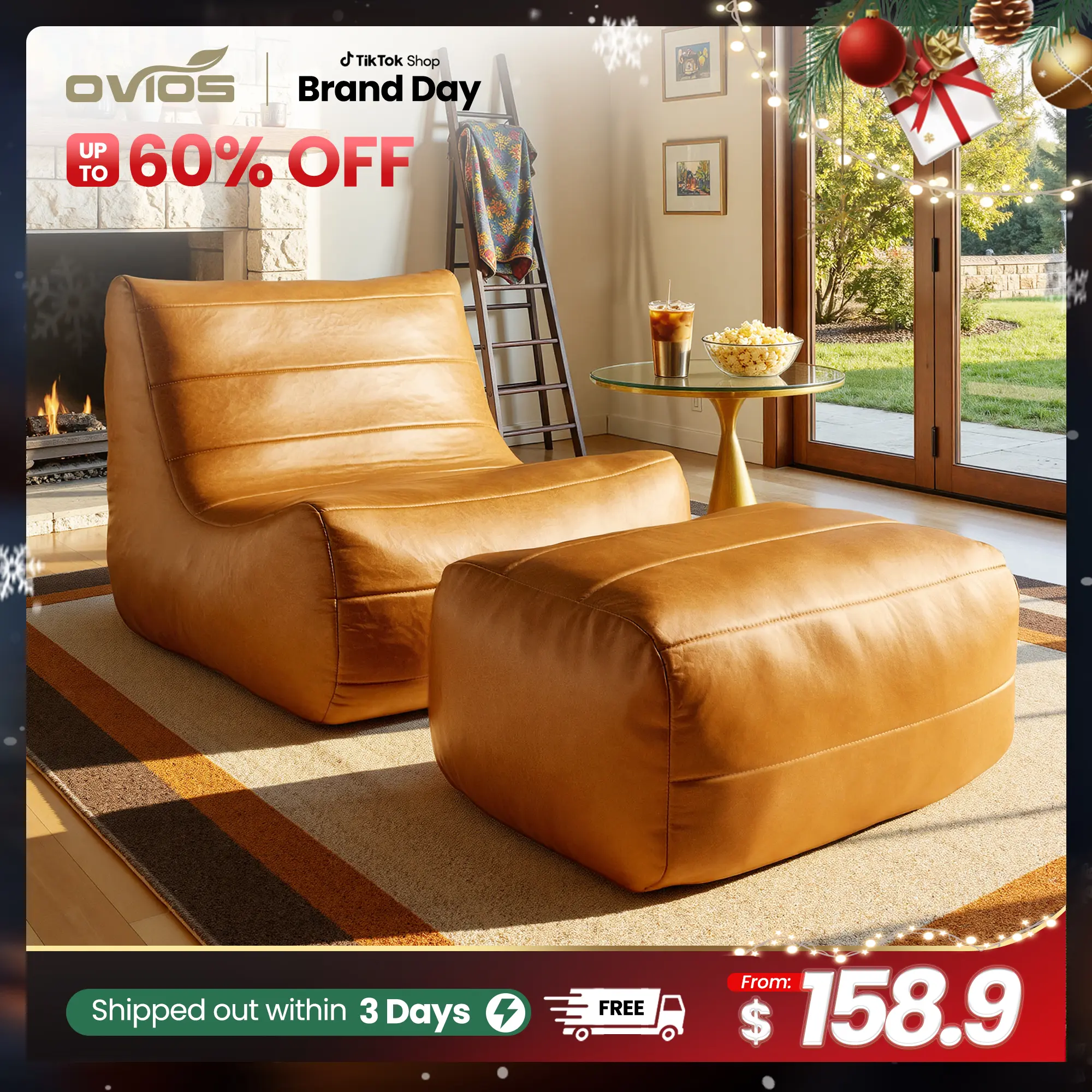 【Summerfinds】Ovios Large 37" Bean Bag Chair with Ottoman for Adults, Comfy Boneless Lazy Chair Couch with Memory Foam and PU Leather , Plush Corduroy Sofa Bed for Bedroom College Dorm - No Assembly