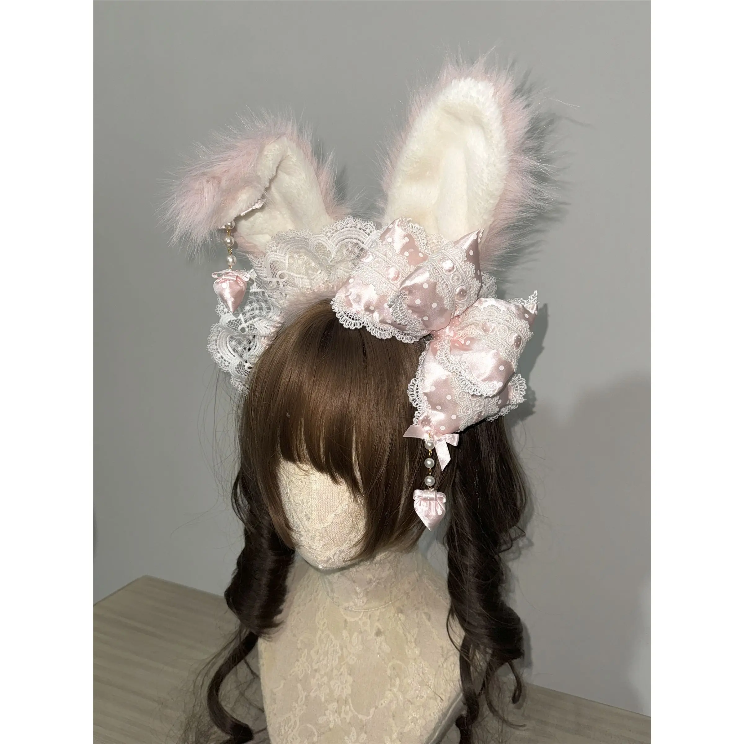 Lolita Fluffy Rabbit Ear-Bunny Ear Cotton-Filled Headband with Detachable Bow, Bunny Ears