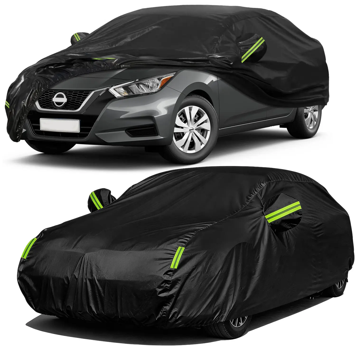 Universal Full Car Cover, All Weather Outdoor Vehicle Protector, Waterproof Rain Sun UV Dust Snow Proof Auto Cover with Elastic Hem, Fits All Sedans & SUVs
