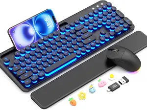 Wireless Keyboard and Mouse Combo - Backlit Typewriter Keyboard with Magnetic Wrist Rest & Phone Holder, Light Up Round Keycaps, 2.4GHz Cordless Set for Mac, Windows, PC, Laptop, SABLUTE