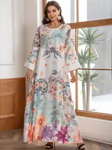 Trendy Rhinestone Printed Muslim Arabic Dress Long Robe for Women