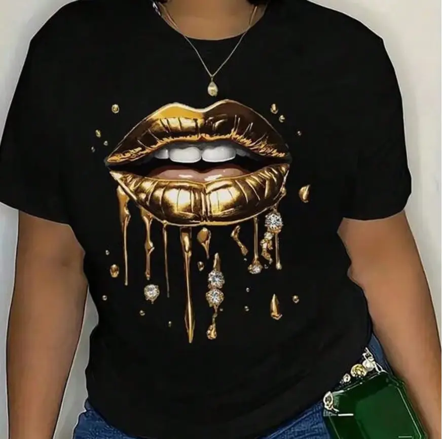 Women's 100% Cotton Casual Chic Tops - Luxury Dripping Gold Lips, Shiny Diamond Rhinestone Graphic, Comfortable Short-Sleeve Summer Cool T-Shirt, Shortsleeve, Fashion, Soft, Style, Jeans