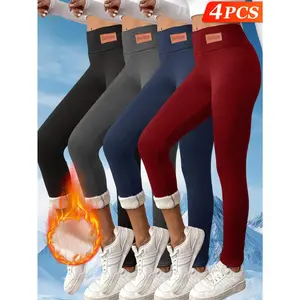 Four Pairs Of Women'S Winter Thermal Pants, High-Elasticity Four-Color Skinny Pants, Fashion Label, High-Waist Design, Effectively Tuck In The Abdomen, Suitable For Daily Wear, Winter Warmth, Work, Travel, Christmas Set, Elegant Classic Gift
