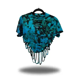 TheDriveClothing Road Rash Blue & Black Tie Dye Crop Top – Unisex Streetwear Graphic Tee, Y2K Festival Outfit, Punk Grunge Crop Tank, Black & Blue Ring-Spun Cotton, Raw Edge Summer Style