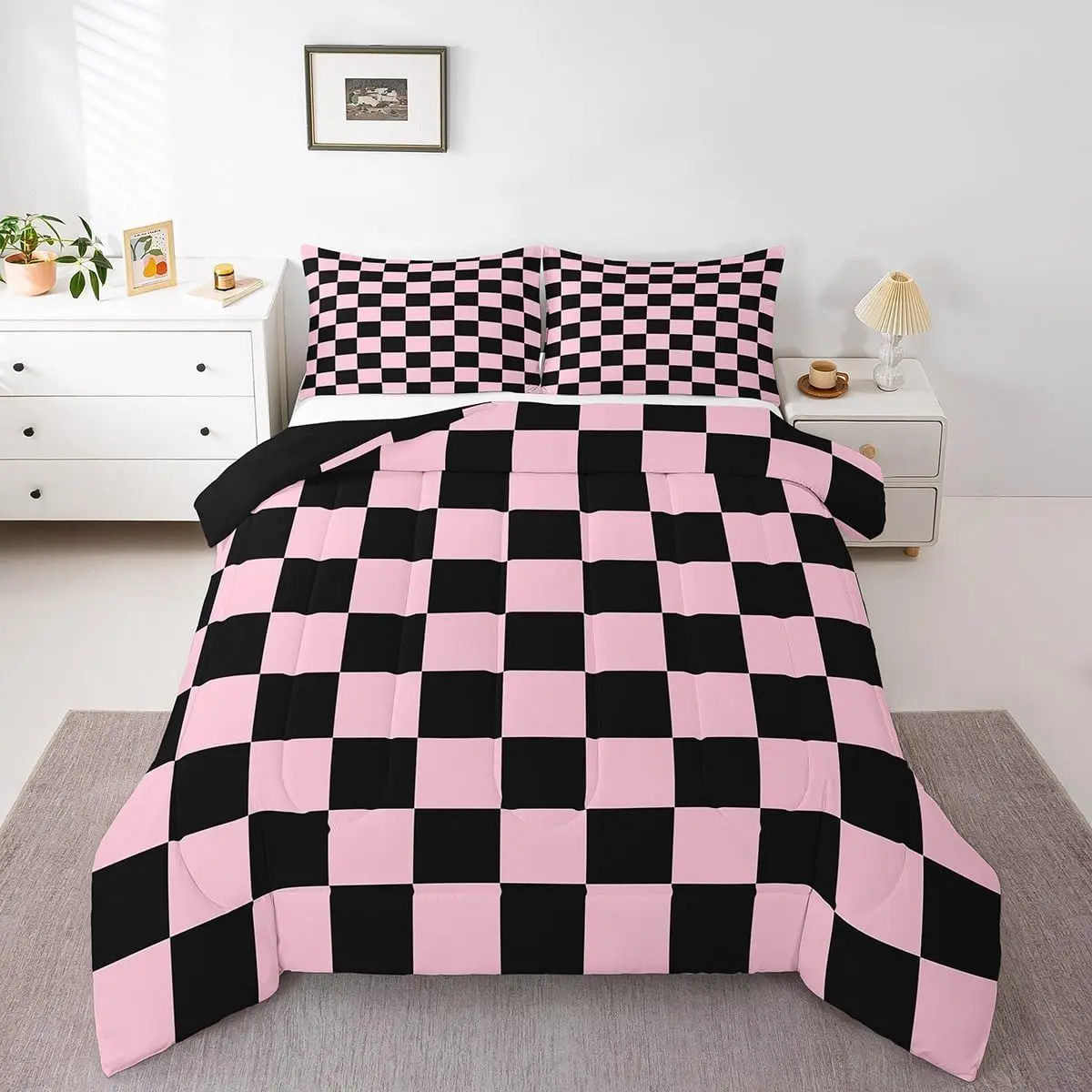 Checkered Bedding Set Women Men Pink Black Plaid Comforter Set Cute Retro Neutral Checkerboard Geometric Duvet Insert Vintage Aesthetic Room Decor