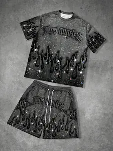 Summer Men's American High Street Flame Print Short Sleeve T-Shirt and Shorts Set, Los Angeles Letter Glitter Set, Casual Sporty