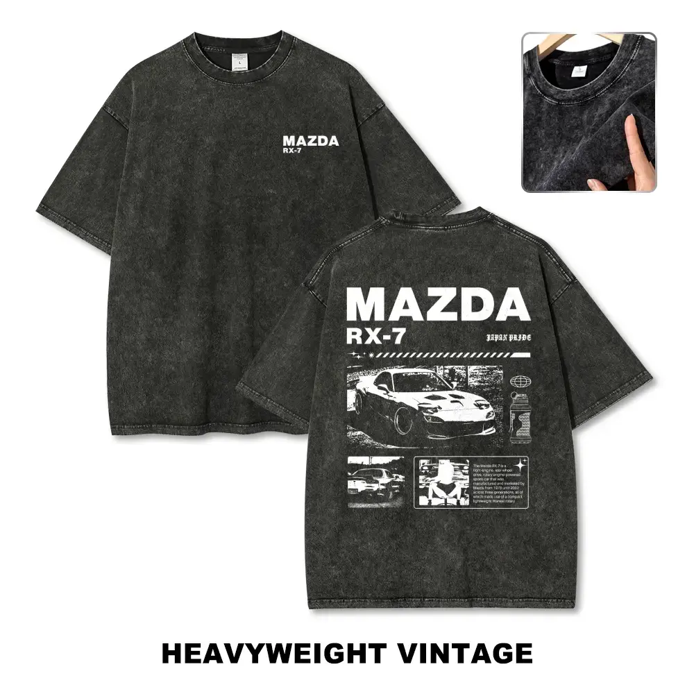 Men's Heavyweight Vintage Washed Cotton Short-Sleeve T-Shirt, JDM Mazda RX-7 Double-Sided Rotary Car Graphic, Loose Oversized Relaxed Fit, Unisex Streetwear Top Clothes for Racing Casual Wear, Shortsleeve, Soft, Double Print, 2Xl, 3Xl, Menswear, Round Nec