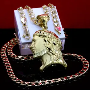 AAA+ High-End Brass Gold Plated Jesus Head Portrait Religious Pendant Charm & 6mm 20" 24" Cuban Chain Necklace 14K Stamped on the Lock, High Quality Polished