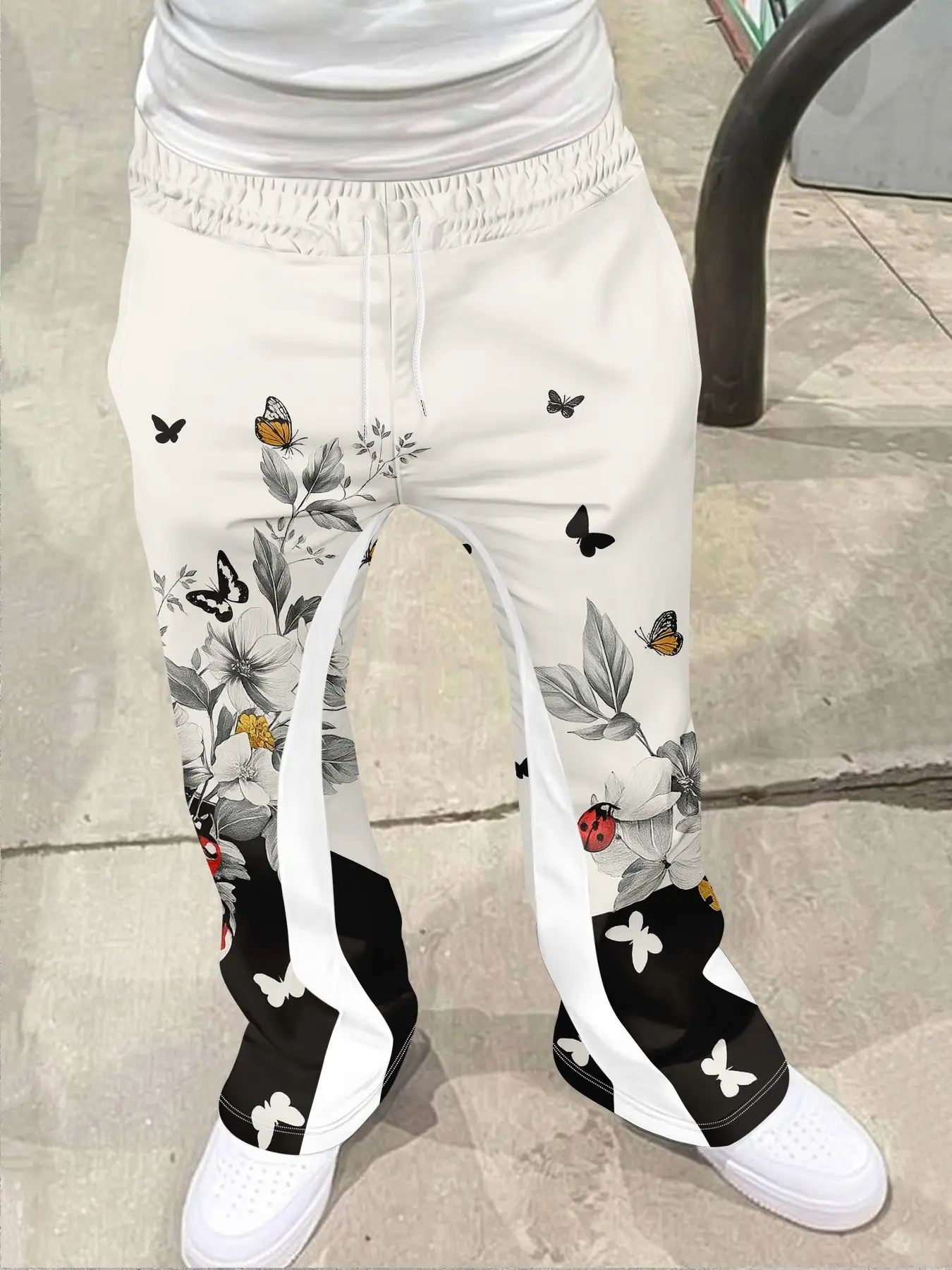 Men's High Street Vintage Flare Pants, Classic Light Asian Culture Sweet Cool Style, Floral Geometric Print, Casual Trendy Fit, Casual Fit Bottoms