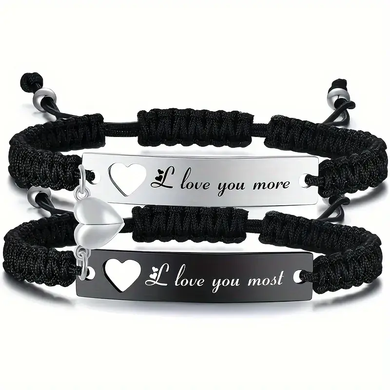 1 Pair Heart Matching Couples Bracelets - Adjustable Braided I Love My Boyfriend Girlfriend Long Distance Bracelets, Lovers His Hers Relationship Promise Bracelet Jewelry Anniversary Christmas Birthday Mother’s Day Gifts