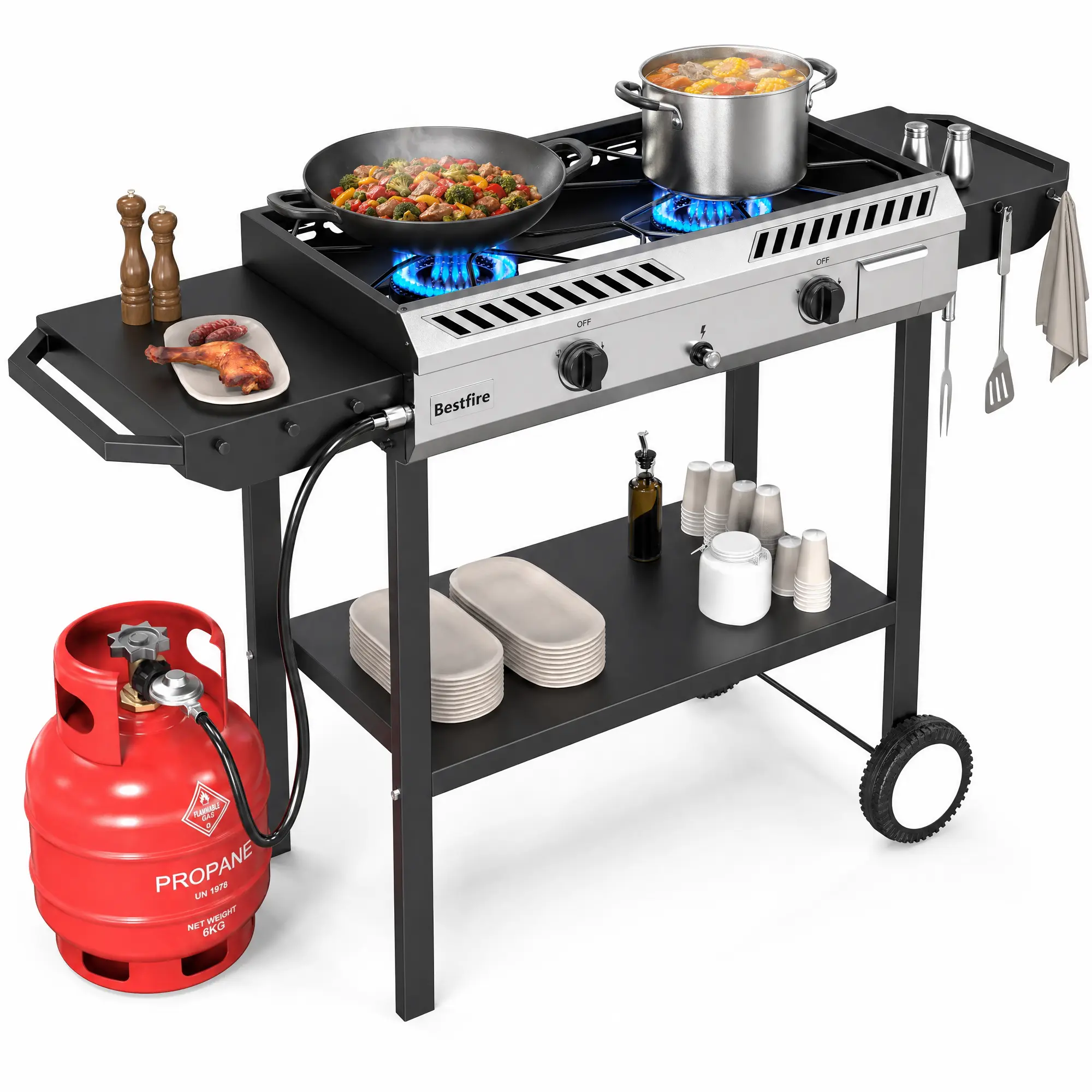 BESTFIRE 150K BTU 2-Burner Propane  Stove – Auto-Ignition, Wind Panel & Side Shelves, Heavy Duty Portable Camping Cooker for Outdoor Cooking, Backyard BBQ, Tailgating & Family Camping turkey frying barbecue picnic patio boil seafood home brewing