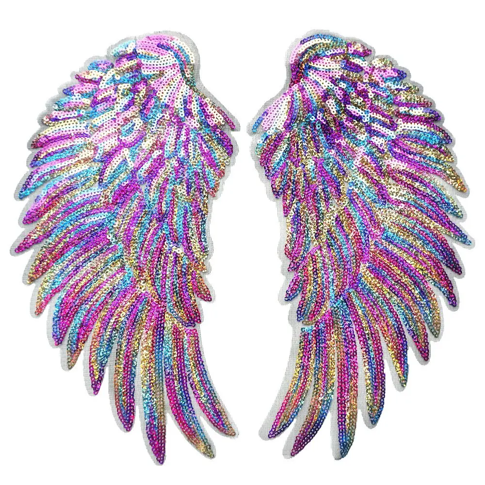 1 Pair Rainbow Feather Wings Sequin Dreamy Sew Iron On Patches Black Mesh Embroidered Badges For Clothes DIY Appliques Craft Decoration