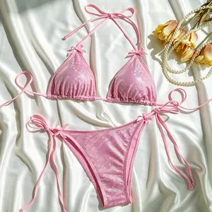 Solid Color Bowknot Bikini Set for Women, Sparkly Sequin Details with Tie Side, Beach Vacation Swimsuit