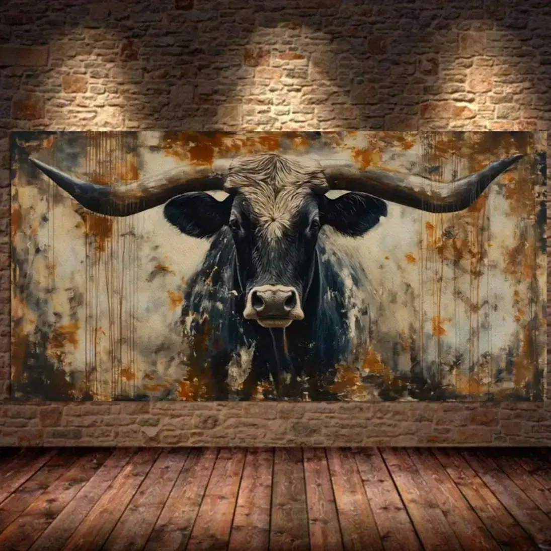 1 piece of rural longhorned cow canvas art print - modern farmhouse wall decoration for living room, bedroom, and office - frameless animal enthusiast gift, abstract texture and brush design, interior home decoration Artwork