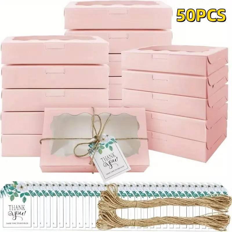 Cookie Boxes with Clear Window 50pcs, 7x 4 3/8x 1 Inch Small Pink Kraft Candy Boxes Premium Pastry Boxes with Tags Ropes for Cookie Packaging, Dessert, Donuts, Pie, Cupcakes, Parties